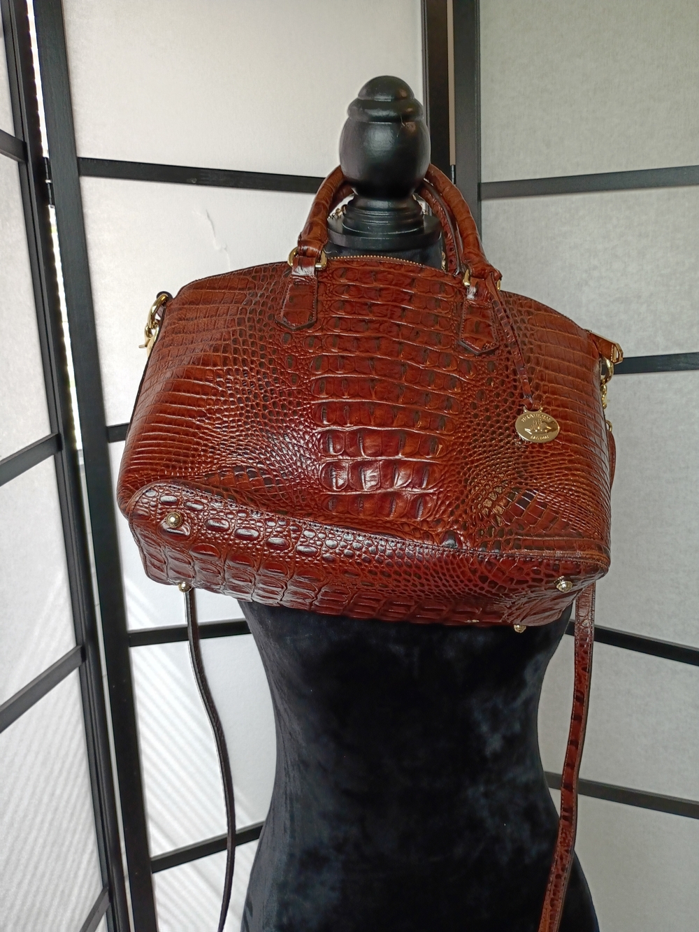 Brahmin Croc-Embossed Satchel in Rich Chestnut Brown